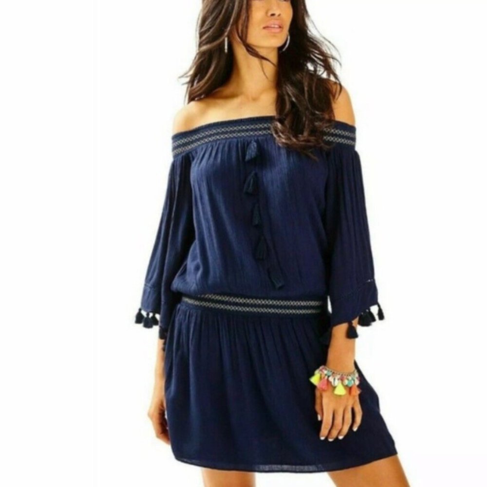NWT Lilly Pulitzer Off The Shoulder Joelle Dress True Navy - Picture 1 of 13